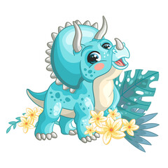Cute cartoon turquoise triceratops with flowers vector isolated illustration © alinart