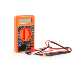 Orange digital multimeter isolated on white background