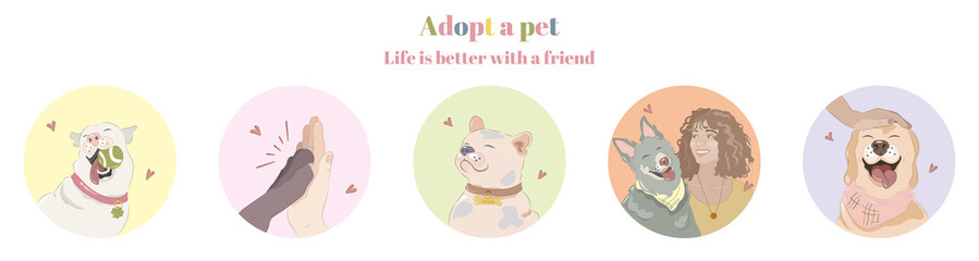 Adopt a pet. Animal shelter concept. Homeless animal for adoption. Vector flat illustrations.