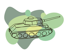 Heavy tank on a camouflage background continuous line drawing. One line art of armored personnel carrier, infantry fighting vehicle with green, khaki, military colours.