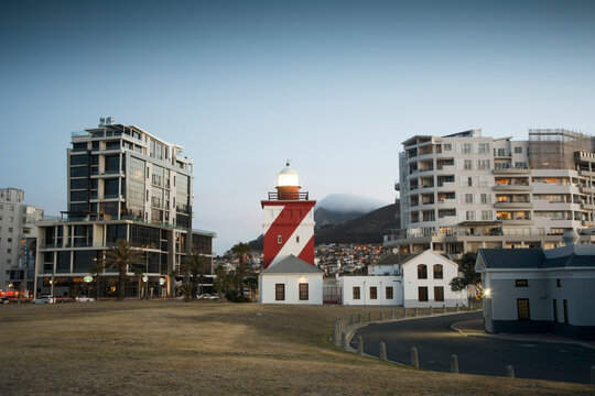 View of Mouille Point Lighthouse, Atlantic Seaboard, Cape Town, South Africa.