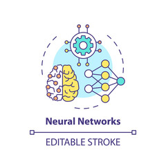 Neural networks concept icon. Interconnected nodes. Field of machine learning abstract idea thin line illustration. Isolated outline drawing. Editable stroke. Arial, Myriad Pro-Bold fonts used