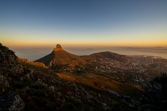 View of Lion&rsquo;s Head from India Venster hike on Table Mountain at sunrise, Cape Town, South Africa.