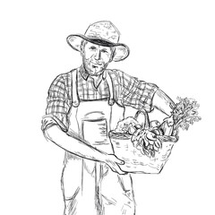 Vector Hand Drawn Vintage Style Farmer Holding Basket with Crop Vegetables and Fruits, Local Produce Natural Farm Illustration, Black and White Ouline Drawing. - obrazy, fototapety, plakaty