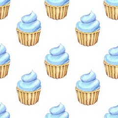 Watercolor seamless pattern of cup cakes with blue cream. Isolated desserts illustrations on white background.  Hand drawn  painting.