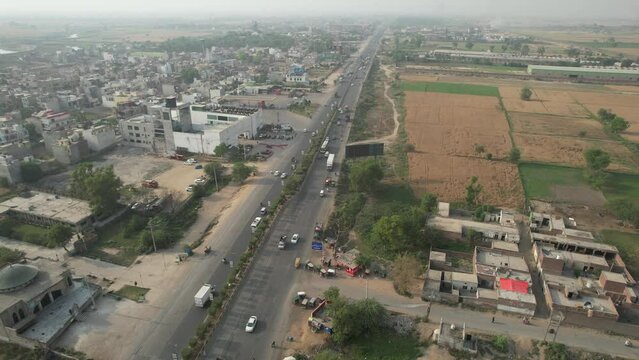 SA Gardens and Lahore Smart City Aerial View of Pakistani Farms, kala shah kako Punjab Pakistan, drone's footage