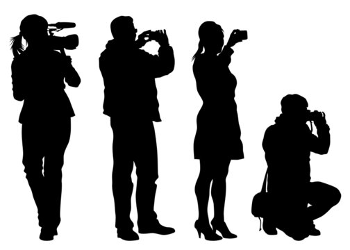 People with a photo camera on white background