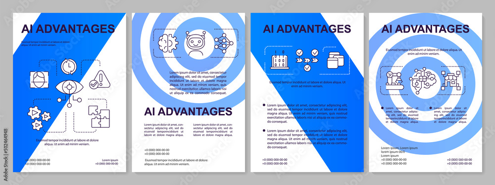 Wall mural Artificial intelligence advantages blue brochure template. Leaflet design with linear icons. 4 vector layouts for presentation, annual reports. Arial-Black, Myriad Pro-Regular fonts used - Wall murals