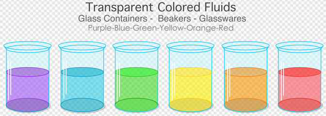 Colored fluids. Glass beakers, containers. Yellow orange red blue purple green gradual liquid in glassware, flask. Transparency glossy lab bottle. Colorful fruit juice Checked back illustration Vector