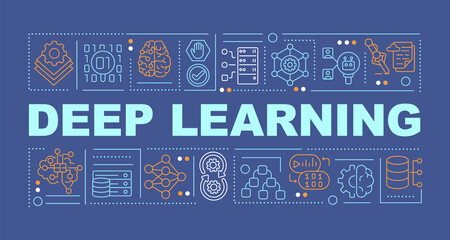 Deep learning word concepts dark blue banner. Neural network. Machine learning. Infographics with icons on color background. Isolated typography. Vector illustration with text. Arial-Black font used