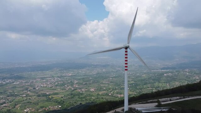 A wind turbine in the wind farm in the province of Benevento, southern Italy.