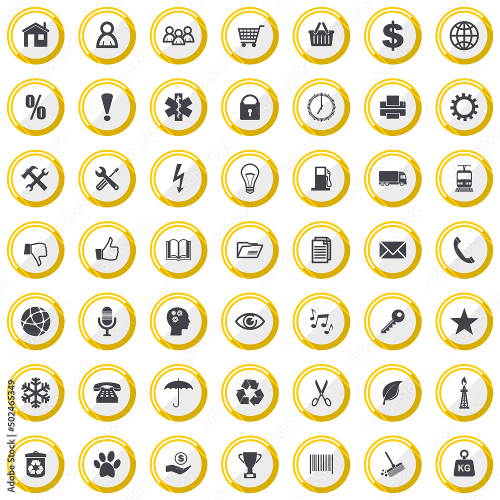 Aufkleber flat design vector icon set. collection of circle yellow buttons. technology and business concept il