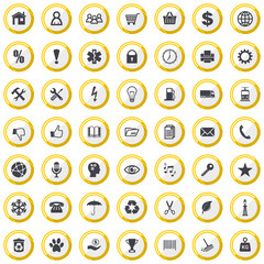 Flat design vector icon set. Collection of circle yellow buttons. Technology and business concept illustration.