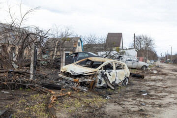 War between Russia and Ukraine. Burnt out car