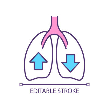 Respiratory system RGB color icon. Lungs function. Breathing techniques. Inhaling, exhaling. Relaxing breath. Isolated vector illustration. Simple filled line drawing. Editable stroke. Arial font used