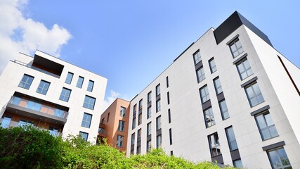 Modern residential building with new apartments in a green residential area. Eco architecture. Green tree and new apartment building. The harmony of nature and modernity.