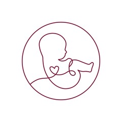Line art logotype. Baby in the womb with umbilical cord and heart. Stylish logo for a prenatal or reproductive clinic, pregnancy brochure, surrogacy agency. 