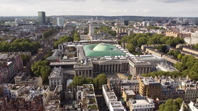 Drone view of the British Museum with dense buildings around.