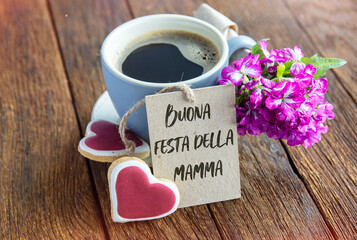 Happy Mother day text in italian, cup of coffee and cookies heart, holiday breakfast composition Greeting Card	
