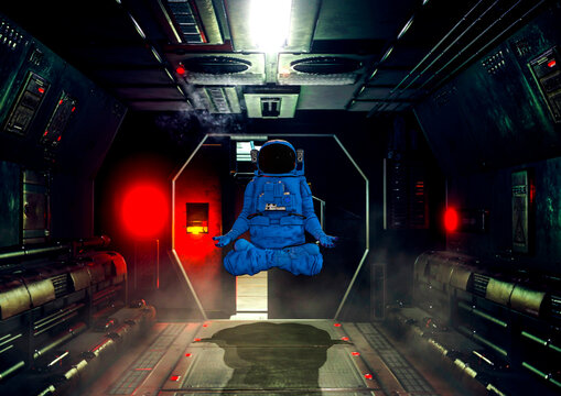 astronaut is doing some meditative yoga and floating on the corridor in sci-fi spaceship background