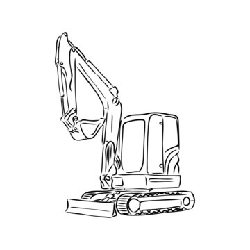 recommend clip art: Excavator on construction site hand drawn illustration. Vector.