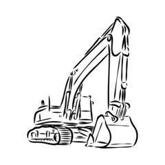 Excavator on construction site hand drawn illustration. Vector.