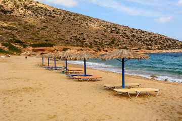Agia Theodoti beach on Ios Island. A wonderful beach with the golden sand and azure waters. Cyclades, Greece