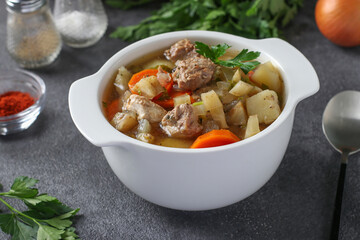 Pichelsteiner, German stew or thick soup with meat and vegetables, Close-up