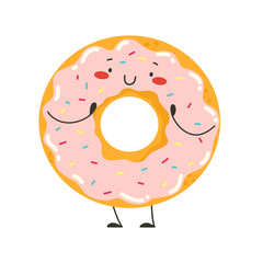 Happy donuts with pink icing and sprinkles, food vector character.