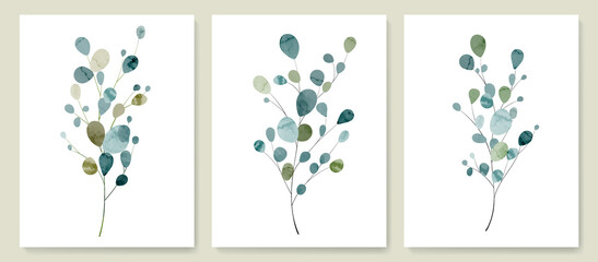 Art background with eucalyptus leaves in a watercolor style. Botanical set with tropical plant branches, for decoration, interior design, invitations
