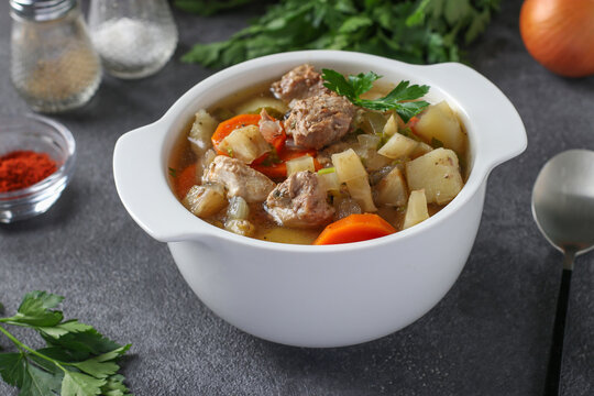 Pichelsteiner, German stew or thick soup with meat and vegetables, Close-up