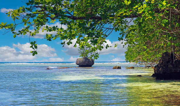 Beautiful caribbean tropical landscape with secluded reef lagoon, green mangrove trees, rocks, blue sky fluffy clouds  - Port Antonio, Jamaica
