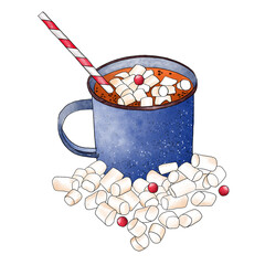 A blue old mug with cocoa and marshmallows. Romantic composition for menu design, postcards, stickers. Handmade realistic drawing. - 502466902