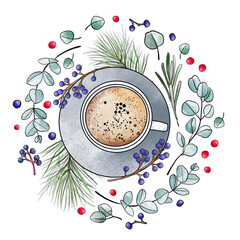 A cup of coffee surrounded by winter herbs and berries. Top view, festive still life. Handmade realistic drawing for the design of postcards, cafe and restaurant menus. - 502466909