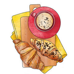 A cup of coffee and croissants: a romantic breakfast. Realistic hand drawing for the design of postcards, posters, stickers, restaurant menus, coffee shops. - 502466917