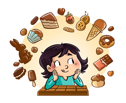 illustration of little girl surrounded by chocolate candies