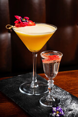 cocktail in the bar, edible flowers