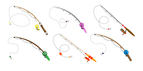Set of colorful fishing rods in cartoon style. Vector illustration of tools for fishing river and sea of various shapes on white background.