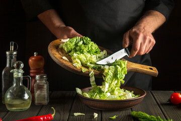 Chef while working in the restaurant kitchen. Diet breakfast or dinner idea. Napa cabbage salad preparation