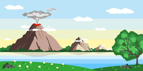 Vector illustration of hot volcanoes. Cartoon landscape volcano and mountains on the island, around the forest and the sea. - obrazy, fototapety, plakaty