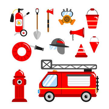 Set of red tools firemen in cartoon style. Vector illustration of fire engine, fire extinguisher, hydrant, hose, shovel, ax, helmet, gas mask, bucket, loudspeaker and kunos on white background.