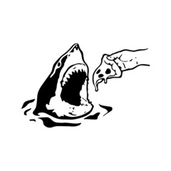 Naklejka premium Shark with open jaws. Hand with a Pizza slice Vector. Download it now