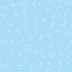 Seamless pattern, line art doves. elegant pigeon on blue background