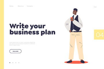 Write business plan concept of landing page with young african american businessman hold smartphone