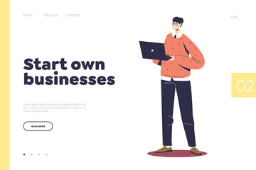 Start your business concept of landing page with young businessman, startup owner holding laptop