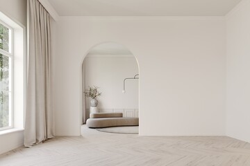 White classic room with an archway for the entrance. Beige sofa and coffee table in the background. Mockup for furniture or product presentation