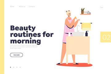 Beauty routine for morning concept of landing page with woman applying skincare cream lotion on face