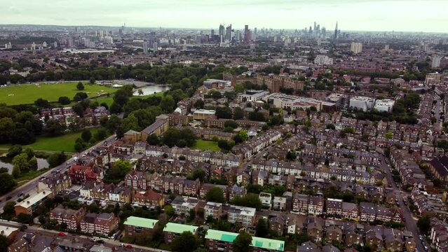 Aerial view of low-rise buildings in Balham and Clapham Common.