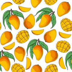 Mango fruit hand drawn package design. Vector illustration. Seamless pattern. Mango illustration. Can used for packaging design. Colorful.