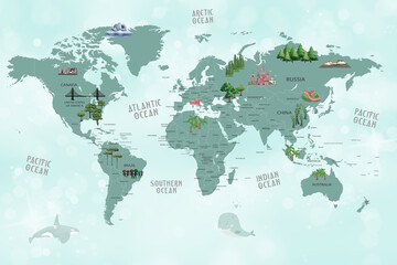 world map animals for kids room wallpaper design
